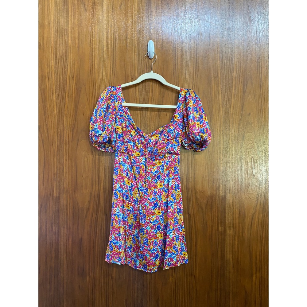 For Love & Lemons Multicolor Floral Puff Sleeve Mini Dress Sweetheart Neck M